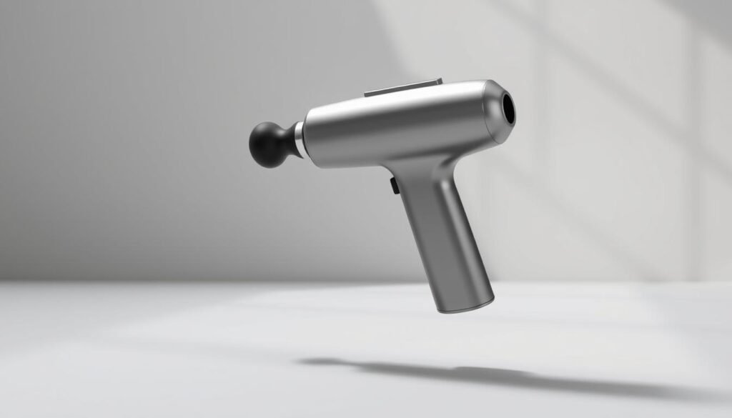 A sleek, ergonomically designed percussion massage gun hovers in the foreground, its metallic body gleaming under soft, directional lighting. The device's contoured grip and angled massage head are highlighted, showcasing the thoughtful industrial design that prioritizes user comfort and control. In the middle ground, a minimalist, modern backdrop of muted grays and whites provides a clean, sophisticated setting, emphasizing the massage gun's streamlined aesthetic. Subtle shadows and reflections give depth and dimensionality to the composition, while the overall mood is one of refined functionality and wellness-focused purpose.