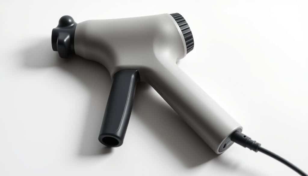 A sleek, ergonomically-designed percussion massage gun rests on a minimalist, white surface. The device features a sculpted, ergonomic handle with a subtle, matte finish, allowing for a comfortable, secure grip. The massage head is precisely engineered, with a tapered shape and varied nozzle attachments, optimized for targeted muscle relief. Soft, indirect lighting illuminates the design, highlighting the interplay of clean lines and gentle curves. The overall aesthetic conveys a sense of modern, functional sophistication, perfectly suited for the discerning user seeking both efficacy and style.