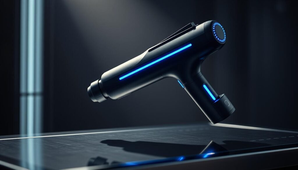 A sleek, futuristic massage gun hovers above a metallic surface, its ergonomic design and pulsing vibrations conveying a sense of advanced technology. The device's outer casing gleams with a matte black finish, accented by vibrant blue LED indicators that pulse in sync with the powerful percussion therapy mechanism within. The image is captured in a dimly lit, high-tech environment, with a soft spotlight illuminating the massage gun from the side, casting dramatic shadows that highlight its angular, cutting-edge form. The overall atmosphere exudes a sense of innovation, efficiency, and the intersection of modern engineering and therapeutic relief.