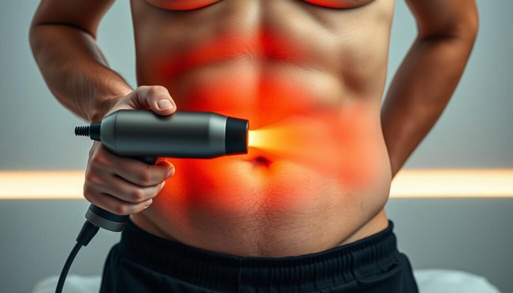A sleek, high-quality image showcasing percussive therapy on abdominal muscles. In the foreground, a person's torso is depicted with well-defined abs, as a massage gun is firmly pressed against the skin, creating a vibrant, pulsating effect. The middle ground features a soft, diffused lighting arrangement, casting a warm, therapeutic glow on the scene. In the background, a clean, minimalist environment sets the stage, emphasizing the focus on the abdominal area and the restorative nature of the treatment. The overall composition conveys a sense of professionalism, wellness, and the potential benefits of this targeted percussive therapy approach for abdominal health.