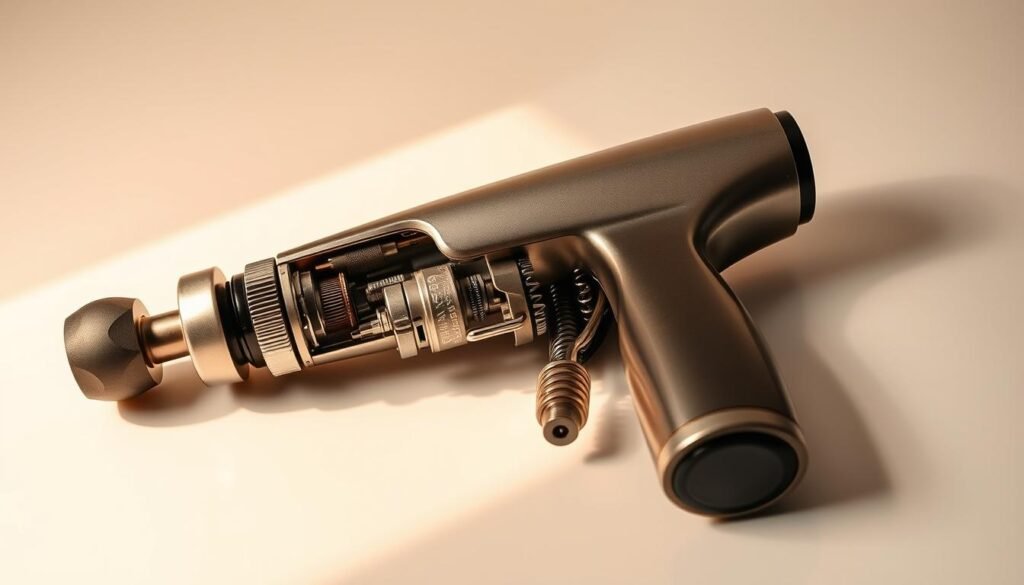 A sleek, high-quality massage gun rests on a clean, white surface, its brushed metal exterior gleaming under warm, directional lighting. The device is disassembled, revealing its intricate inner workings - gears, springs, and mechanisms meticulously exposed for a thorough deep cleaning. The scene exudes a sense of precision, care, and attention to detail, capturing the importance of maintaining this essential self-care tool for long-term performance and reliability.