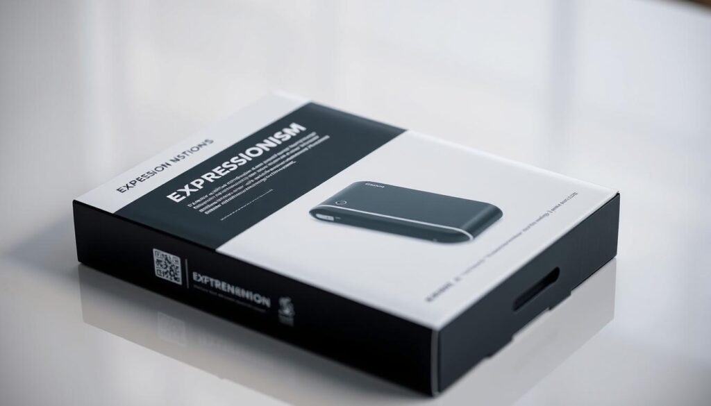 A sleek, high-quality recovery device package rests on a clean, minimalist surface. The front panel features a close-up shot of the device, showcasing its premium design and materials. The background is blurred, drawing the viewer's attention to the package's elegant, monochromatic aesthetic. Subtle, soft lighting creates a sense of depth and highlights the package's premium feel. The overall composition conveys a professional, sophisticated, and inviting unboxing experience.