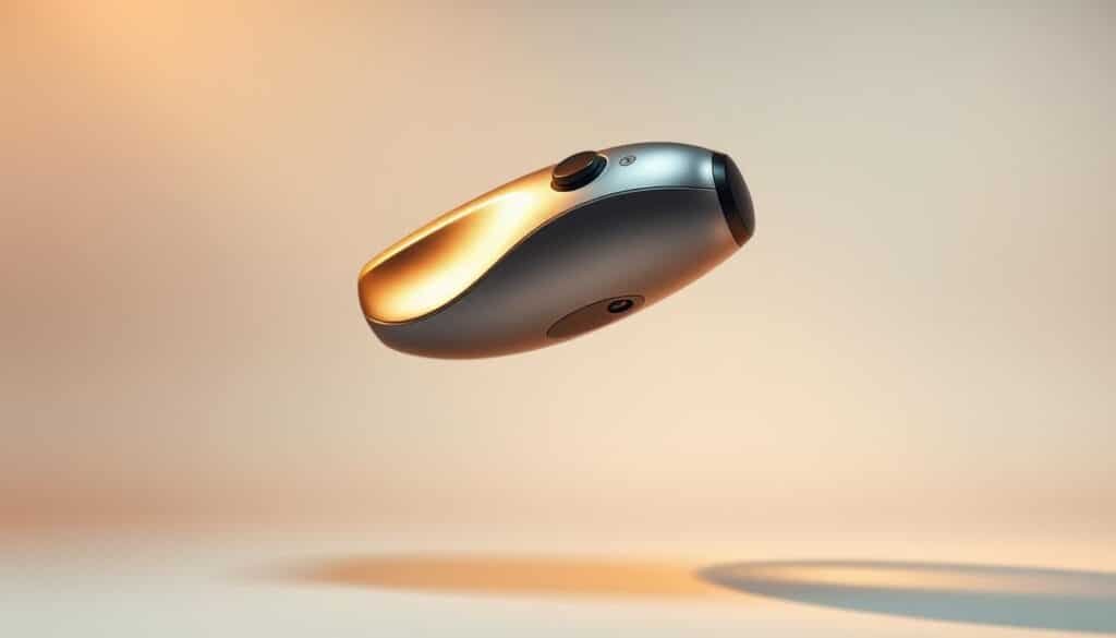 A sleek, high-tech deep tissue relief device hovers in a minimalist, well-lit studio setting. The device's smooth, metallic body glistens under warm, directional lighting, casting subtle shadows that accentuate its contoured design. The foreground is sharply in focus, drawing the viewer's attention to the device's intricate controls and massage attachments. The middle ground features a clean, white background, creating a sense of clinical precision and efficacy. The overall mood is one of professionalism, innovation, and the promise of soothing, therapeutic relief.