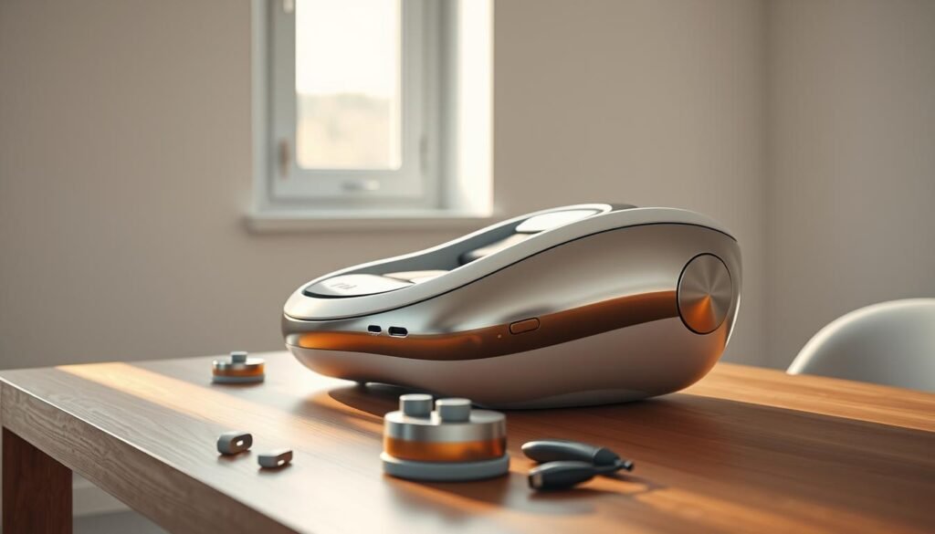 A sleek, high-tech home muscle recovery device sits on a minimalist wooden table, its ergonomic design and metallic accents catching the soft, diffused light from a nearby window. The device's smooth, contoured body and vibrant color scheme create an inviting, almost futuristic aesthetic. In the foreground, the device's various attachments and control panels are visible, hinting at its advanced functionality and ease of use. The background features a clean, uncluttered space, allowing the device to take center stage and showcasing its potential to revolutionize home muscle recovery.
