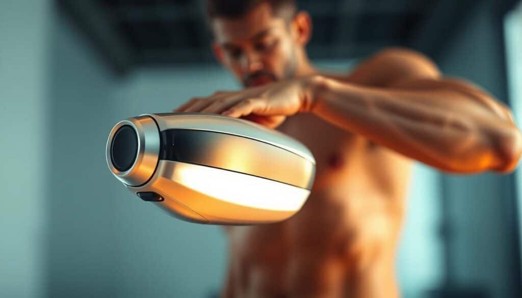 A sleek, high-tech percussive therapy device hovers in the foreground, its metallic body reflecting the warm, diffused lighting. The device's head oscillates rhythmically, conveying the power and precision of its targeted massage capabilities. In the middle ground, a muscular human limb is positioned, ready to receive the therapeutic vibrations. The background is softly blurred, creating a sense of focus and intensity on the interaction between the device and the body. The overall mood is one of efficiency, performance, and the seamless integration of technology and wellness.