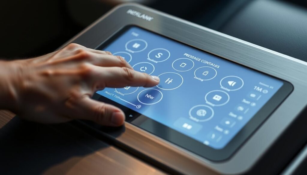 A sleek, high-tech touchscreen control panel with a clean, minimalist design. The interface features a large, responsive display with intuitive touch-sensitive controls. Precise pressure sensors detect the user's touch, allowing for seamless adjustments to massage intensity and settings. The layout is well-organized, with clearly labeled icons and buttons. Soft backlighting illuminates the controls, creating a modern, premium aesthetic. The panel is integrated into a brushed metal body, giving it a sturdy, durable feel. Crisp, direct lighting casts sharp shadows, emphasizing the depth and tactility of the interface. An overall sense of advanced technology and user-friendly functionality.