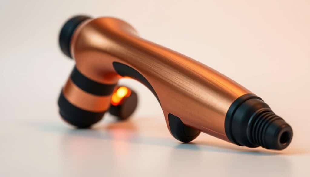 A sleek, modern deep tissue massager with a brushed copper finish sits prominently in the foreground, its distinct shape and contours illuminated by warm, directional lighting. In the middle ground, the massager's vibrant components are visible, hinting at the power and precision of its massage functionality. The background fades into a clean, minimalist setting, allowing the massage tool to take center stage and showcase its cutting-edge design and therapeutic capabilities.