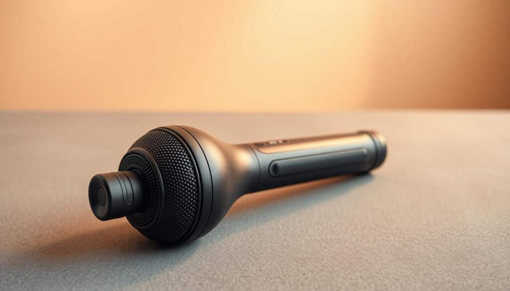 A sleek, modern deep tissue therapy device rests on a minimalist gray surface. The device features a robust, ergonomic handle and a large, round massage head with a textured pattern, designed to deliver deep, penetrating vibrations. Warm, diffused lighting from above casts a soft, soothing glow, creating a sense of tranquility and relaxation. The angle showcases the device's functional design, highlighting its potential to target and soothe tense, aching muscles. The overall scene conveys a clinical yet welcoming atmosphere, inviting the viewer to imagine the restorative power of this percussive therapy tool.