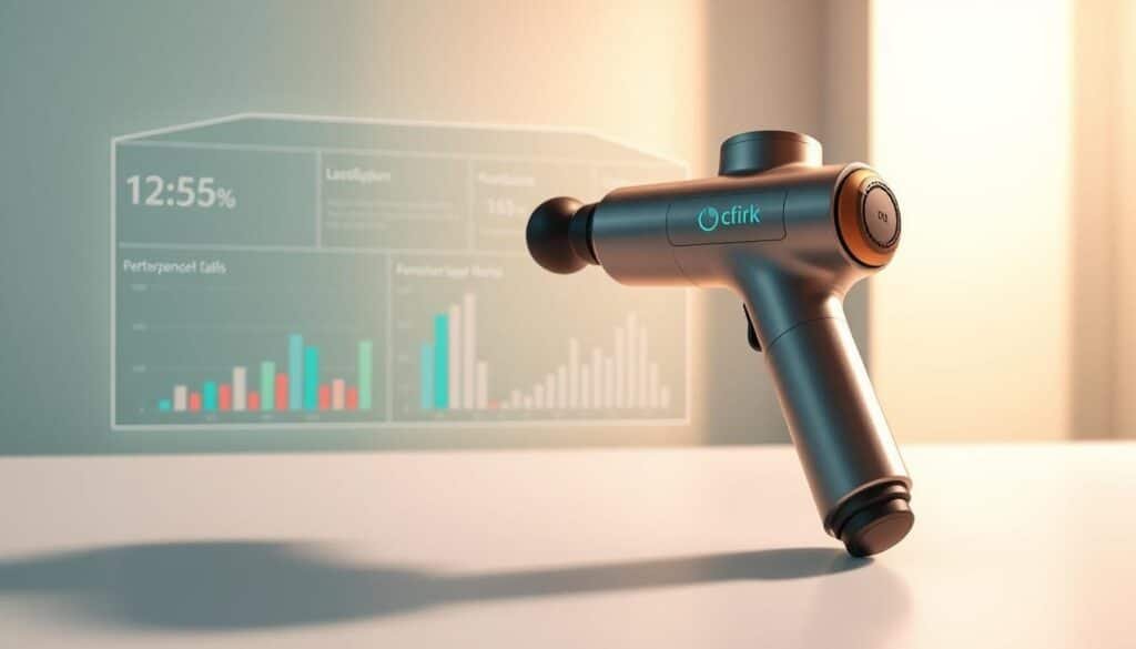 A sleek, modern massage gun rests on a minimalist, white surface, surrounded by a data visualization dashboard displaying its key performance metrics. The gun's ergonomic design and brushed metal finish are highlighted by a warm, directional lighting scheme that casts subtle shadows, creating depth and dimension. In the background, a soft, blurred gradient in soothing shades of blue and green sets a calming, professional tone, complementing the analytical nature of the performance data. The overall composition strikes a balance between the tactile, physical nature of the massage gun and the digital, analytical information surrounding it, inviting the viewer to consider the technical capabilities that contribute to a high-quality massage experience.