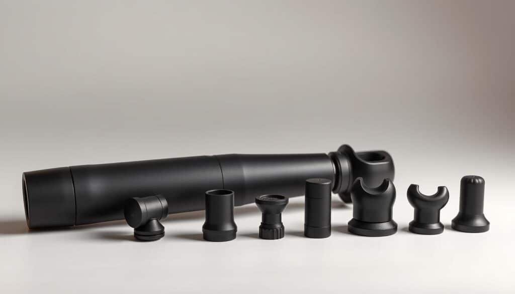 A sleek, modern massager design with a variety of attachments resting on a clean, minimalist background. The massager is composed of high-quality matte black materials, with a smooth, ergonomic handle and a set of interchangeable massage heads in different shapes and sizes. Soft, diffused lighting illuminates the scene, highlighting the massager's thoughtful construction and the varied textures of the attachments. The layout is balanced and visually appealing, showcasing the design elements in a professional, studio-like setting.