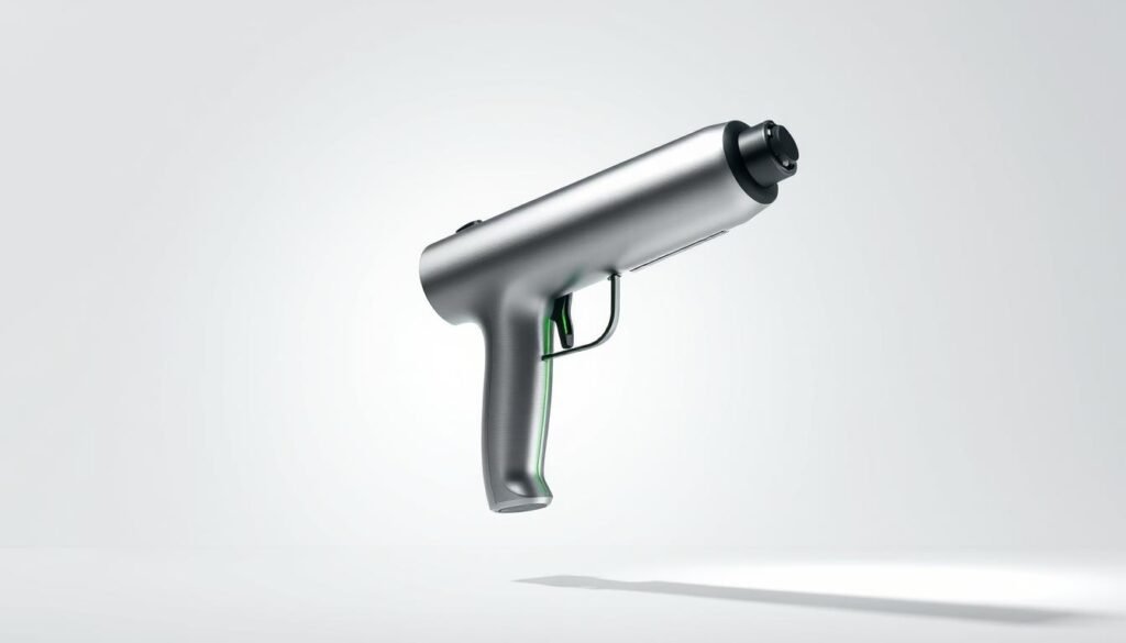 A sleek, modern muscle massager gun hovers against a pristine white backdrop, its elegant form and brushed metal finish exuding a premium, high-tech aesthetic. The device's battery indicator glows with a vibrant green hue, conveying its robust, long-lasting power source. Soft, diffused lighting illuminates the massager, casting subtle shadows that accentuate its contoured shape and ergonomic design. The image radiates a sense of efficiency, reliability, and the device's ability to rejuvenate the user's body, in line with the section title "Championing Battery Life: TEISVAY Muscle Massager Gun".