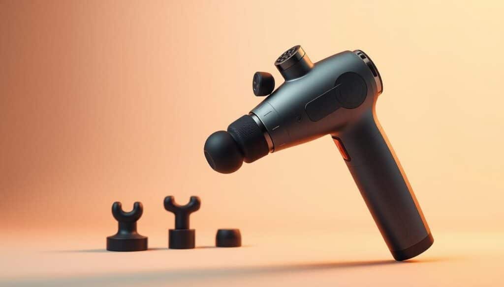 A sleek, modern muscle recovery device set against a soft, neutral background. The foreground features the device with a minimalist, high-tech design, highlighting its key features such as various massage heads, speed controls, and an ergonomic grip. The middle ground showcases the device in use, demonstrating its functionality and ease of operation. The background maintains a clean, uncluttered aesthetic, allowing the device to take center stage and emphasize its purpose as a premium recovery tool. Warm, directional lighting accentuates the device's contours and materials, conveying a sense of quality and professionalism. The overall mood is one of sophistication, efficiency, and the promise of effective muscle recovery.