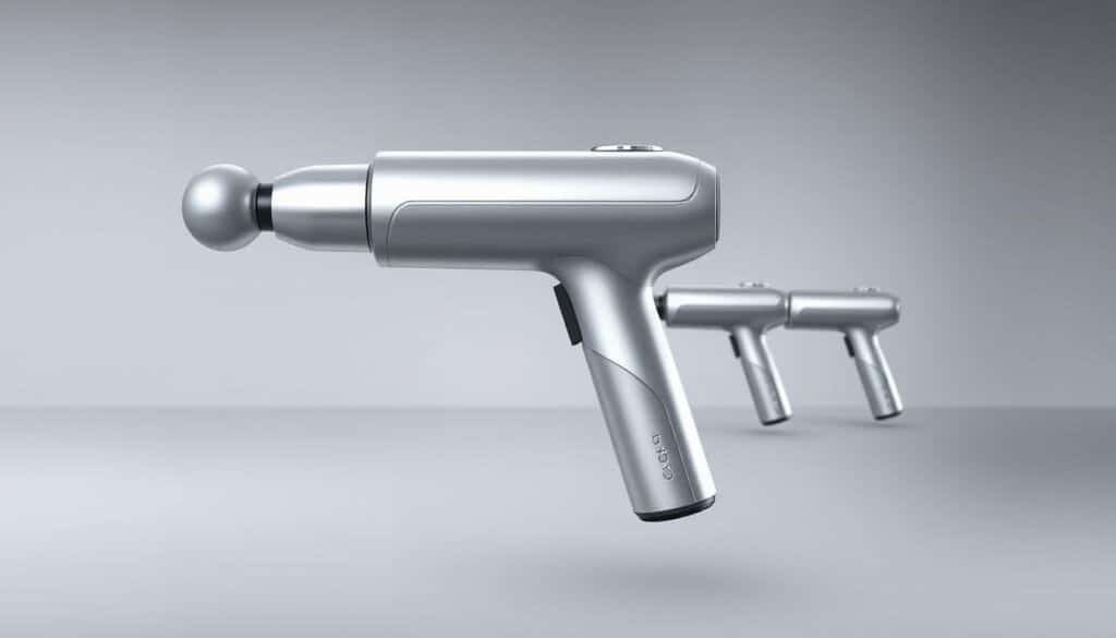 A sleek, modern progression of home massage devices, showcasing the evolution of therapeutic technology. In the foreground, a cutting-edge massage gun with a minimalist, ergonomic design hovers, its smooth metallic surface gleaming under soft, diffused lighting. In the middle ground, earlier iterations of the device appear, each showcasing incremental advancements in power, precision, and user-friendliness. The background features a minimalist, monochromatic setting, emphasizing the focus on the devices themselves and their transformative journey. The overall atmosphere conveys a sense of innovation, efficiency, and the seamless integration of wellness technology into the modern home.