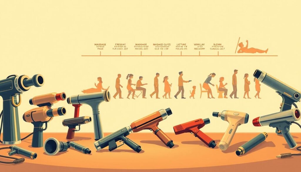 A stylized, retro-inspired illustration depicting the evolution of the massage gun. In the foreground, a collection of vintage massage devices from different eras, ranging from early mechanical models to modern sleek, ergonomic designs. The middle ground showcases the rise of the massage gun craze, with people of diverse backgrounds using the devices in various relaxation and recovery settings. The background features a minimalist timeline tracing the technological advancements and cultural shifts that led to the massage gun's widespread popularity. Warm, nostalgic lighting casts a soft glow, creating a sense of timelessness. The overall composition conveys the historical significance and widespread appeal of the massage gun.
