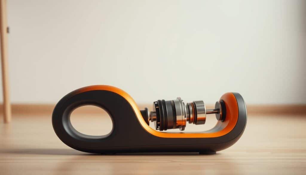 A well-designed ergonomic muscle recovery device, meticulously crafted with precision and care. In the foreground, the device's sleek, modern form is illuminated by warm, natural lighting, showcasing its ergonomic handle and streamlined silhouette. The middle ground reveals the intricate mechanisms and components that power the device, hinting at its advanced functionality. In the background, a minimalist, soothing environment sets the stage, emphasizing the device's purpose of providing a comfortable, therapeutic experience. The overall composition conveys a sense of balance, efficiency, and the device's potential to aid in the recovery and rejuvenation of the user's muscles.