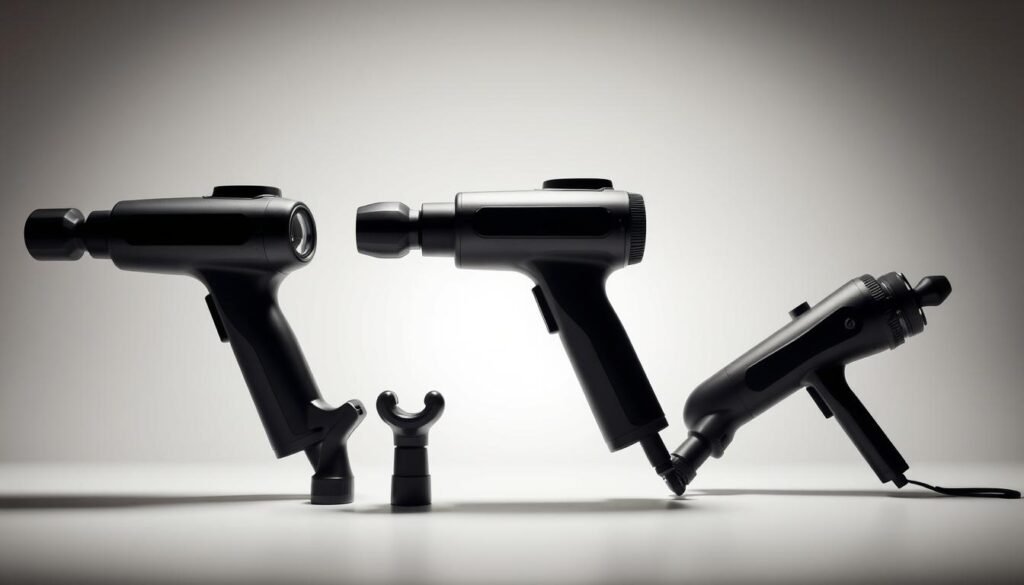 A well-lit and expertly-framed comparison of massage gun features, showcasing their various attachments, speed settings, and ergonomic designs. The foreground prominently displays three different massage guns, each highlighted with a crisp, focused lens. The middle ground features a clean, minimalist background, allowing the products to take center stage. Soft, diffused lighting creates a professional, studio-like atmosphere, accentuating the sleek, modern aesthetics of the massage guns. The overall composition and attention to detail convey a sense of authority and expertise, perfectly suited to guide the reader in choosing the right massage gun for their neck tension relief needs.