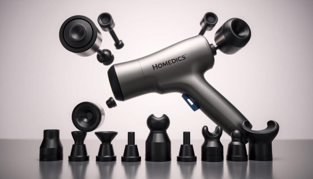 A well-lit, close-up photograph of an array of interchangeable attachments for a HoMedics massage gun. The attachments are arranged in a visually appealing, symmetrical pattern against a plain, neutral background. The attachments are shown in various shapes and sizes, including round, flat, and contoured heads, each designed to target different muscle groups and massage techniques. The lighting is soft and even, accentuating the sleek, modern design of the attachments. The image conveys a sense of precision, versatility, and the high-quality craftsmanship of the HoMedics massage gun accessories.