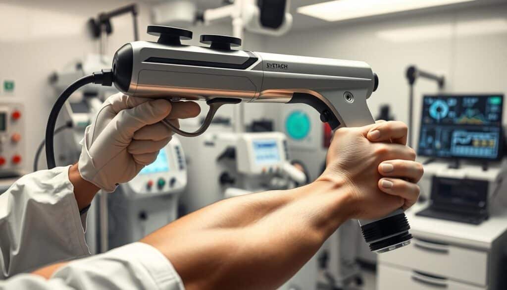 A well-lit laboratory setting with a high-tech massage gun device being carefully tested and evaluated on a muscular human limb. The foreground features the test subject's arm, showcasing the intricate musculature and various pressure points being targeted by the massage device. The middle ground displays the massage gun, its design and mechanisms highlighted in crisp detail. The background incorporates technical equipment, diagnostic displays, and a clinical atmosphere, conveying a sense of precision and scientific rigor in the testing methodology.