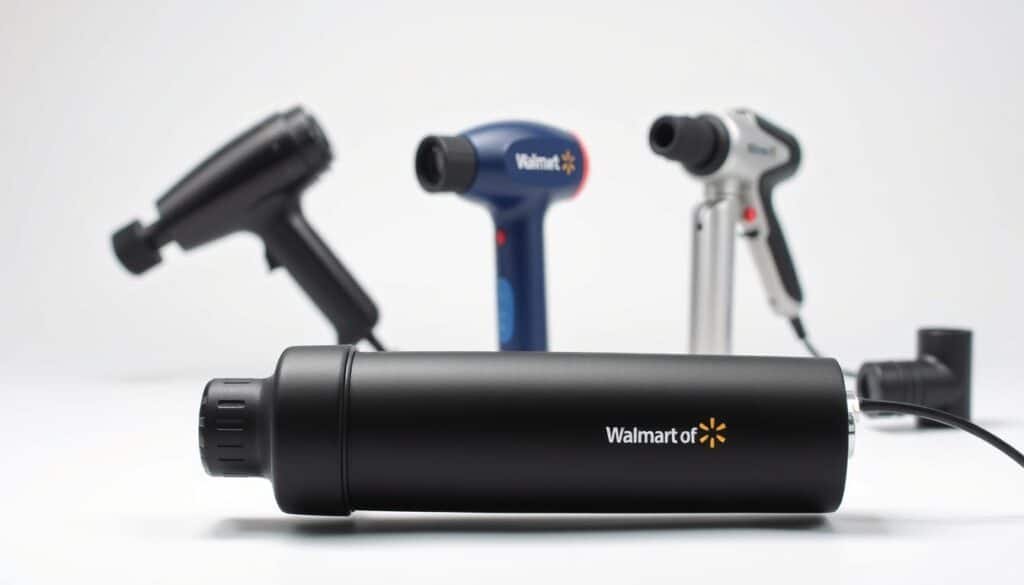 A well-lit studio scene featuring a comparative display of three different percussion massagers. The foreground showcases the Walmart massage gun, its sleek design and ergonomic grip prominently featured. In the middle ground, two other top-selling percussion massagers are arranged, their unique features and designs visible for close examination. The background is a clean, minimal white backdrop, allowing the massage devices to take center stage. Soft, even lighting illuminates the products, highlighting their textures and details. The overall composition encourages a close, analytical study of the massage gun's performance and characteristics relative to the competition.