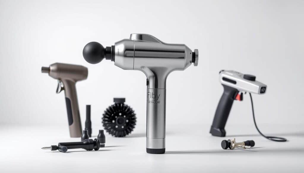 A well-lit studio scene showcasing a side-by-side comparison of three leading percussive therapy devices. In the foreground, the Flyby Massage Gun takes center stage, its sleek design and polished chrome finish gleaming under soft, diffused lighting. To its left and right, two other popular models are neatly arranged, allowing for a detailed visual analysis of their features, attachments, and ergonomic differences. The middle ground features a clean, minimalist backdrop, allowing the devices to be the focal point. Subtle shadows and highlights accentuate the textures and contours of each tool, inviting the viewer to imagine their tactile experience. An overall sense of balance, clarity, and technical precision permeates the scene, reflecting the carefully considered nature of this percussive therapy device comparison.