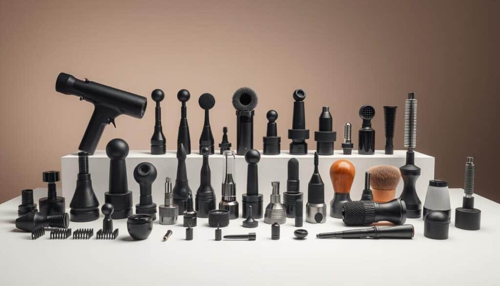 A well-lit studio scene showcasing an array of massage gun attachments arranged on a clean, minimalist desk. The attachments are positioned in an organized manner, highlighting their diverse shapes, sizes, and textures. The lighting is soft and diffused, creating a serene and inviting atmosphere. The camera angle is slightly elevated, providing a comprehensive view of the attachments and allowing the viewer to easily examine and compare the various options. The background is a neutral, muted color that allows the massage gun attachments to be the focal point of the image.