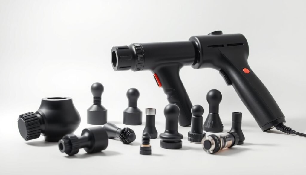 A well-lit studio scene showcasing various massage gun attachments arranged neatly on a clean, white background. The attachments are positioned to highlight their unique ergonomic designs, with a clear focus on the contours, textures, and materials used. The lighting is soft and diffused, creating subtle shadows that accentuate the shapes and details of the attachments. The camera angle is slightly elevated, providing a comprehensive view of the different attachments and their intended usage. The overall mood is one of clinical precision and product demonstration, inviting the viewer to closely examine the features and benefits of these budget-friendly massage gun accessories.