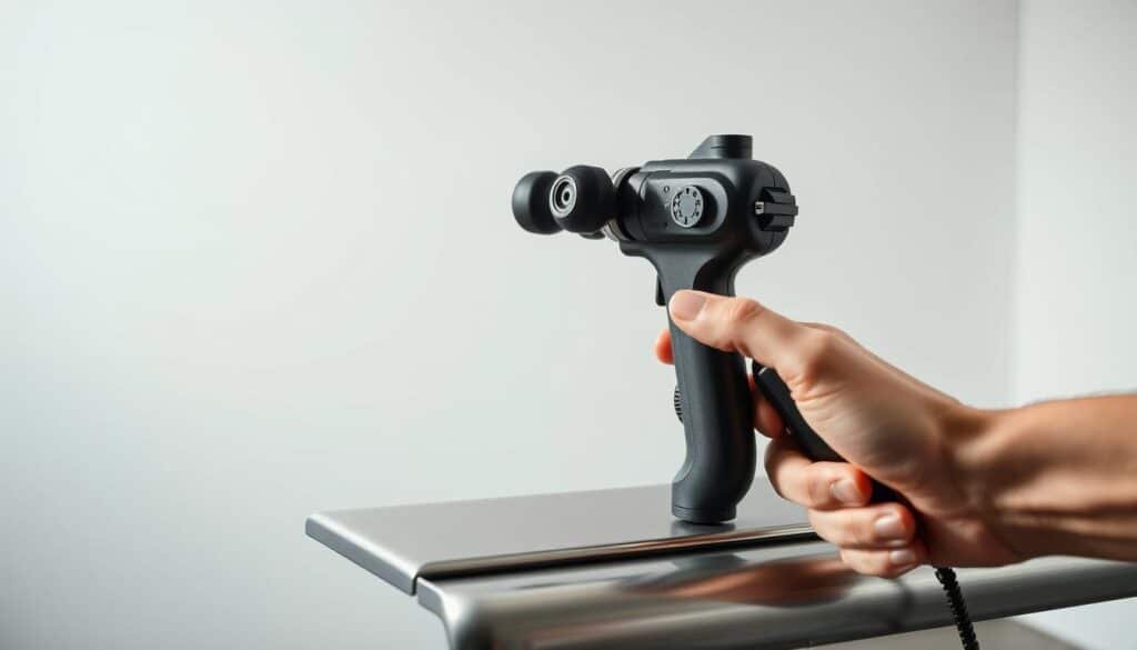 A well-lit studio setting, a muscle recovery device prominently displayed on a sleek metal examination table. The device's intricate mechanisms and massage heads are captured in high detail, showcasing its engineering and functionality. In the foreground, a person's hand gently manipulates the device, testing its range of motion and vibration patterns. The background is clean and minimalist, allowing the device to be the focal point. Soft, directional lighting from the side creates subtle shadows, enhancing the three-dimensional nature of the subject. An atmosphere of clinical precision and product evaluation permeates the scene, reflecting the technical analysis of the "Best Mini Massage Gun for Muscle Relief" article.