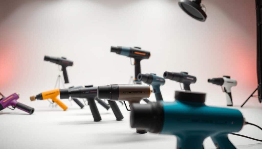A well-lit studio setting showcasing a detailed review of top massage gun models. In the foreground, a sleek array of massage guns in various colors and designs, their features highlighted with precision. The middle ground captures the guns in use, demonstrating their power and functionality. In the background, a clean, minimalist backdrop that allows the products to take center stage. Soft, diffused lighting creates a professional, yet inviting atmosphere, emphasizing the high-quality craftsmanship and performance of the massage guns. The overall composition conveys a sense of expertise and thorough evaluation, perfectly suited for an in-depth product review.