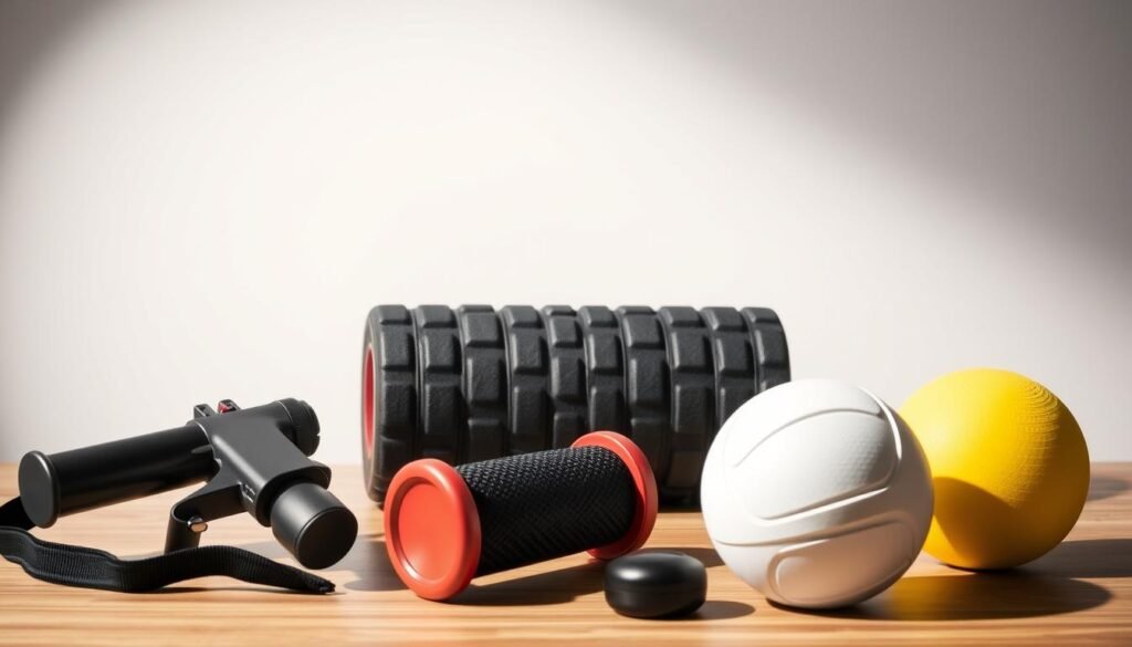 A well-lit tabletop showcasing a comparison of budget recovery devices, including a massage gun, foam roller, and lacrosse ball. The devices are arranged in a visually appealing manner, with clean lines and a minimalist design. The lighting is soft and diffused, creating a warm, inviting atmosphere. The camera angle is slightly elevated, providing a clear view of the products and their key features. The background is a simple, neutral-toned surface that allows the recovery devices to take center stage, emphasizing their form and function.