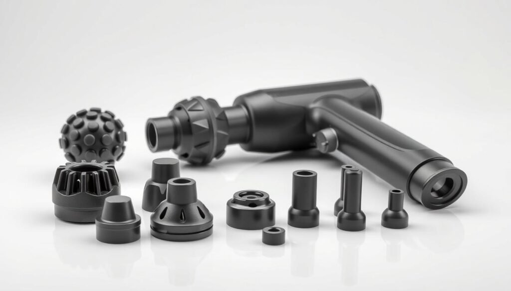 An array of massage gun attachments in a well-lit, studio setting. The attachments are laid out on a clean, reflective surface, showcasing their diverse shapes and textures. The lighting is soft and even, highlighting the details of the various heads, from the spherical muscle-relief tips to the flat, broad attachments. The background is a neutral, gradient-based color that allows the attachments to stand out prominently. The overall composition is balanced and symmetrical, emphasizing the functional and aesthetic qualities of the accessories.