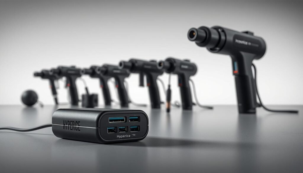 Hyperice charger compatibility: a meticulously detailed image showcasing the technical features and compatibility of the Hyperice massage gun charging system. In the foreground, a sleek, modern Hyperice charger rests on a minimalist surface, its precision-engineered ports and connectors highlighted by directional studio lighting. In the middle ground, various Hyperice massage gun models are arranged, their power cords and charging ports clearly visible, demonstrating the seamless compatibility with the charger. The background features a soft, muted gradient, allowing the product details to take center stage and creating a sense of technical sophistication. The overall composition conveys the reliable, high-quality nature of the Hyperice charging ecosystem.