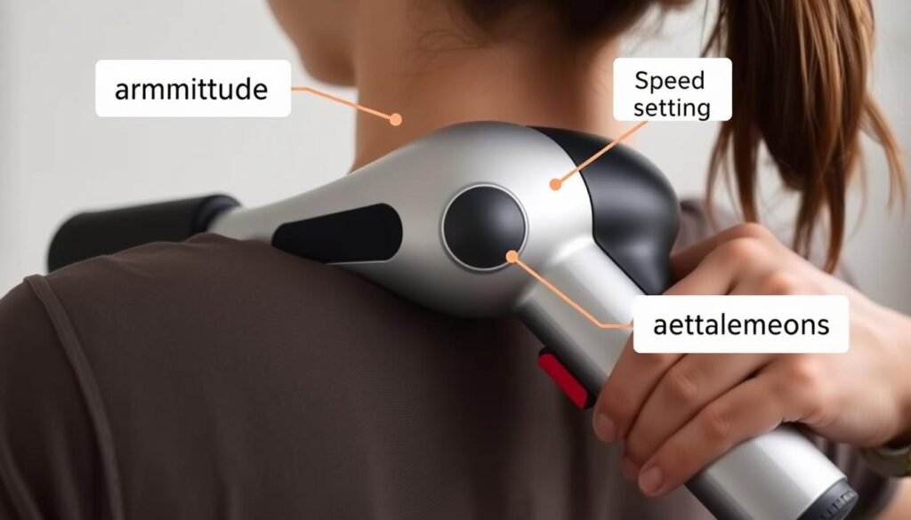 Person using a massage gun on shoulder muscles showing key features to consider Person using a massage gun on shoulder muscles showing key features to consider