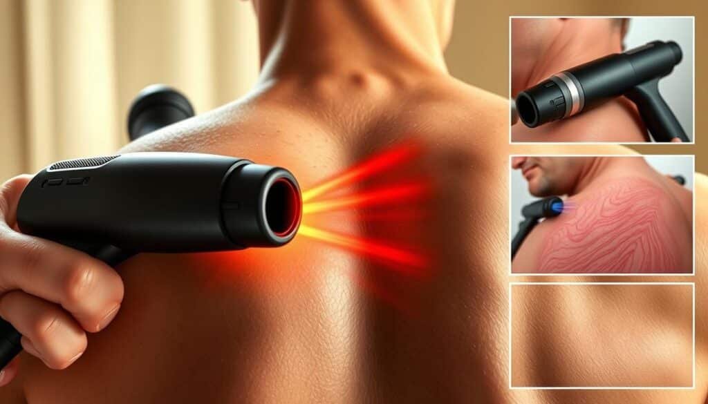 a detailed and realistic digital illustration of the benefits of percussion therapy for muscle recovery. a well-lit and photorealistic scene shows a person's upper back area, with several close-up views highlighting the effects of a massage gun on the muscles. the skin appears flushed and the underlying tissue looks relaxed and rejuvenated. the massage gun is visible, with its vibrating motion creating a sense of dynamic energy. the overall composition emphasizes the positive impacts of this therapy, conveying a sense of relief and improved mobility. the lighting is warm and natural, creating a soothing and therapeutic atmosphere.