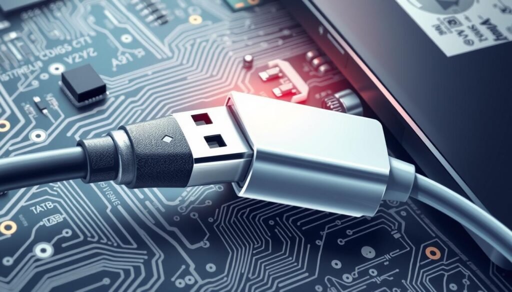 a detailed and technical diagnostic illustration of a device's connection, including a close-up view of a USB-C port and cable, with a backdrop of circuit board patterns and electronic components, all rendered in a precise, technical style with clean lighting and sharp focus to convey the subject matter clearly and effectively