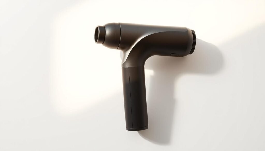 a highly detailed, photorealistic image of an ergonomic massage gun handle, angled slightly to the side, showcasing its ergonomic design. The handle is made of a smooth, sleek material, possibly metal or high-quality plastic, with a soft, rubberized grip. The lighting is directional, casting subtle shadows that accentuate the contours and curves of the handle, creating a sense of depth and dimension. The background is minimalist, allowing the handle to be the primary focus, set against a neutral, clean backdrop that emphasizes the design's clean lines and elegant aesthetics.