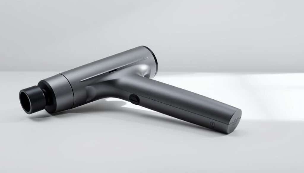 a sleek, minimalist massage gun with a modern, ergonomic design, resting on a clean, white surface, bathed in soft, directional lighting that highlights its efficient, streamlined form. The device features a matte, brushed-metal finish and discreet control buttons, conveying a sense of quiet power and precision. The background is a simple, neutral backdrop, allowing the massage gun to take center stage and showcasing its elegant, functional aesthetic. The overall atmosphere is one of sophistication, efficiency, and a premium user experience.