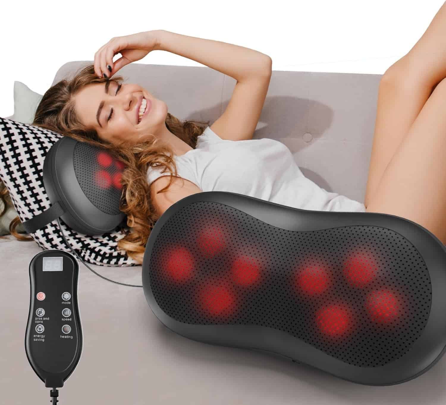 Adjustable Neck-Shoulder Massage Pillow with Magic Strap, High-Power Copper Motor, Hand Control  Heating Back Massager for Pain Relief (Remote, 8 Head)