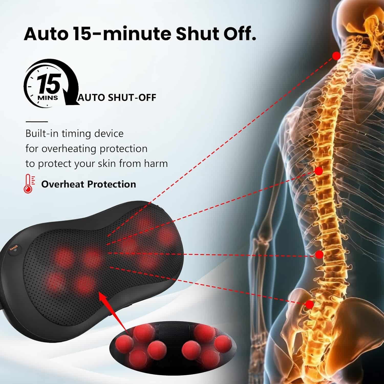 Adjustable Neck-Shoulder Massage Pillow with Magic Strap, High-Power Copper Motor, Hand Control  Heating Back Massager for Pain Relief (Remote, 8 Head)