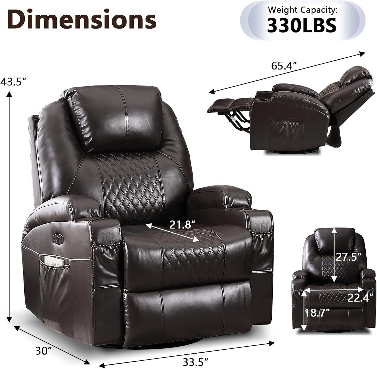 AHMED Power Swivel Rocker Recliner Chair with Massage and Heat, Faux Leather Home Theater Seating with LED Ambient Lighting, Glider Reclining Sofa with Cup Holders for Living Room,Black