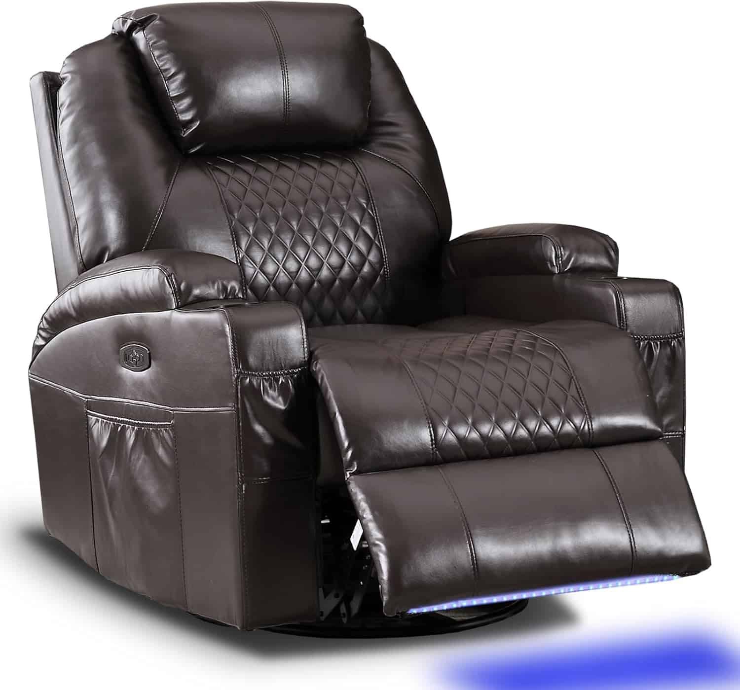 AHMED Power Swivel Rocker Recliner Chair with Massage and Heat, Faux Leather Home Theater Seating with LED Ambient Lighting, Glider Reclining Sofa with Cup Holders for Living Room,Black