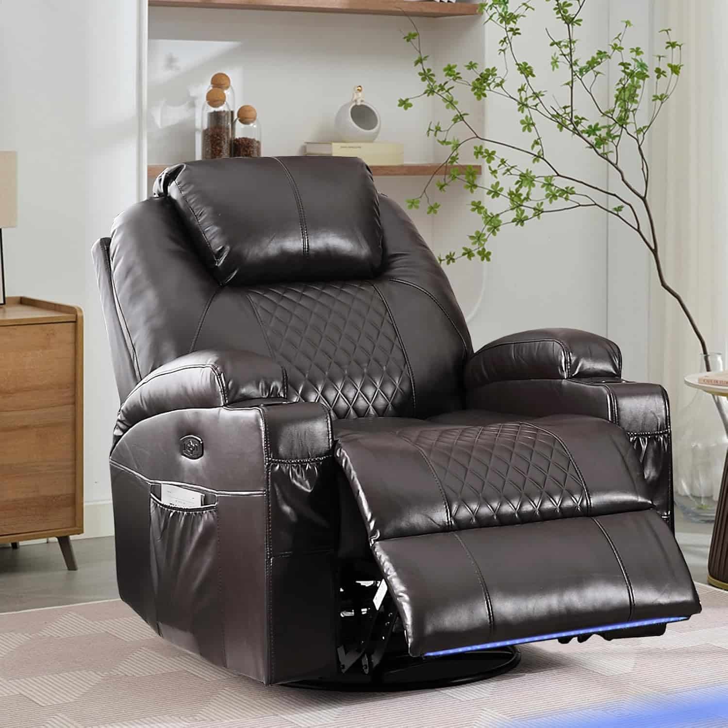 AHMED Power Swivel Rocker Recliner Chair with Massage and Heat, Faux Leather Home Theater Seating with LED Ambient Lighting, Glider Reclining Sofa with Cup Holders for Living Room,Black