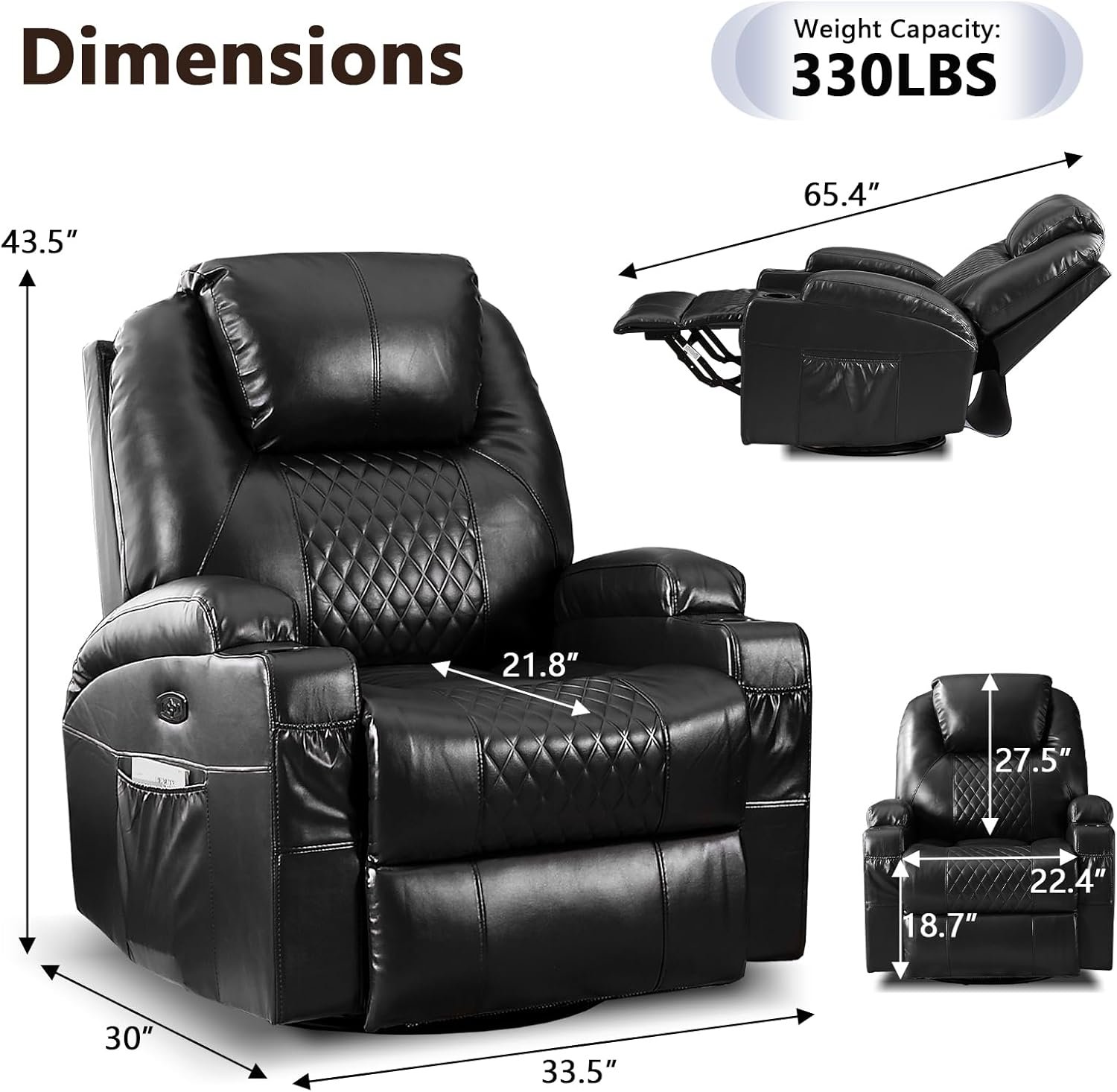 AHMED Power Swivel Rocker Recliner Chair with Massage and Heat, Faux Leather Home Theater Seating with LED Ambient Lighting, Glider Reclining Sofa with Cup Holders for Living Room,Black