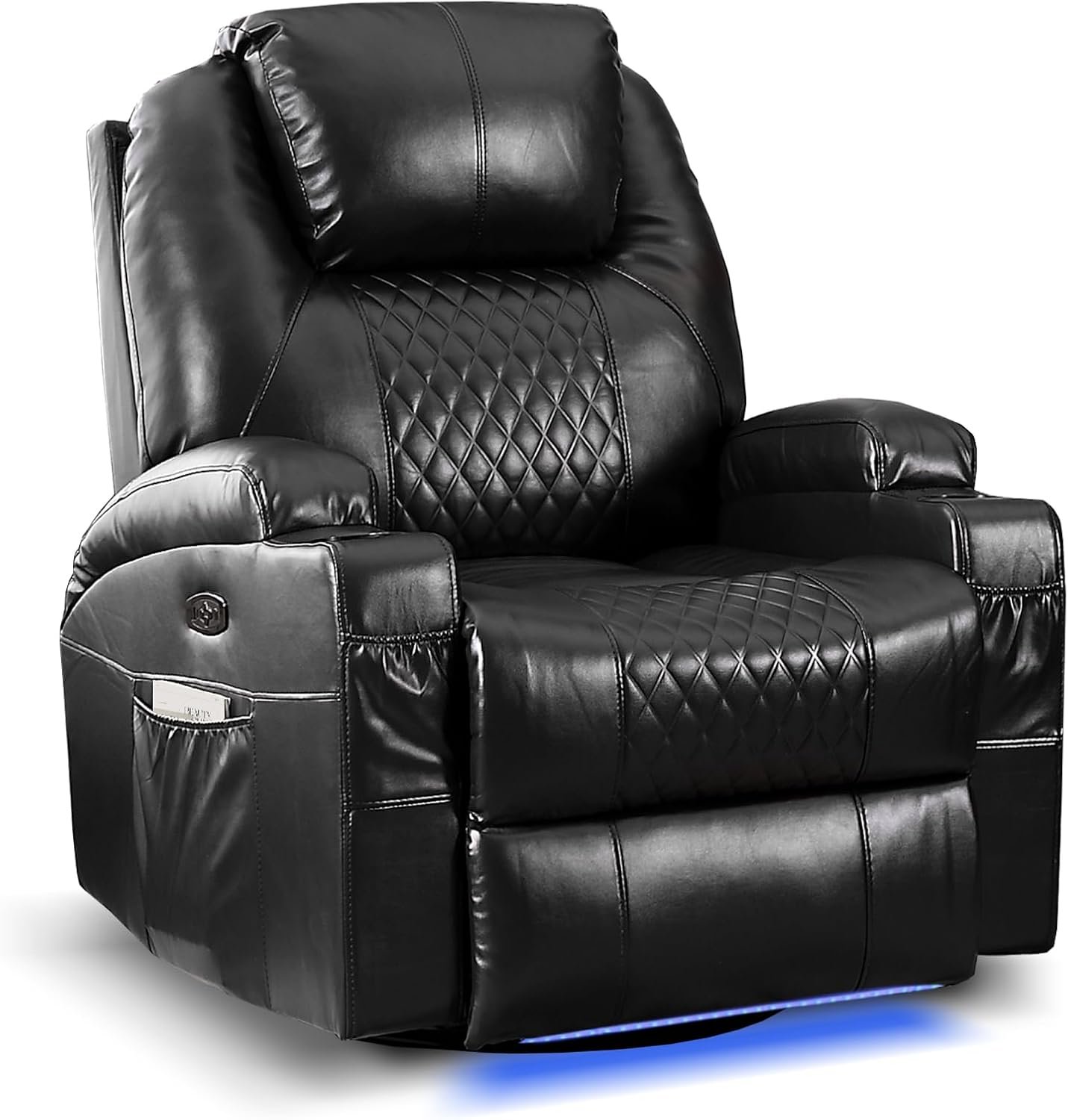 AHMED Power Swivel Rocker Recliner Chair with Massage and Heat, Faux Leather Home Theater Seating with LED Ambient Lighting, Glider Reclining Sofa with Cup Holders for Living Room,Black