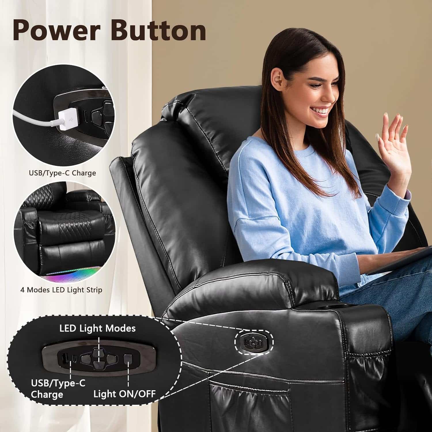 AHMED Power Swivel Rocker Recliner Chair with Massage and Heat, Faux Leather Home Theater Seating with LED Ambient Lighting, Glider Reclining Sofa with Cup Holders for Living Room,Black
