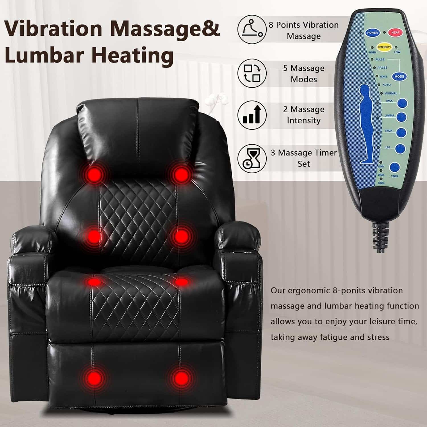 AHMED Power Swivel Rocker Recliner Chair with Massage and Heat, Faux Leather Home Theater Seating with LED Ambient Lighting, Glider Reclining Sofa with Cup Holders for Living Room,Black
