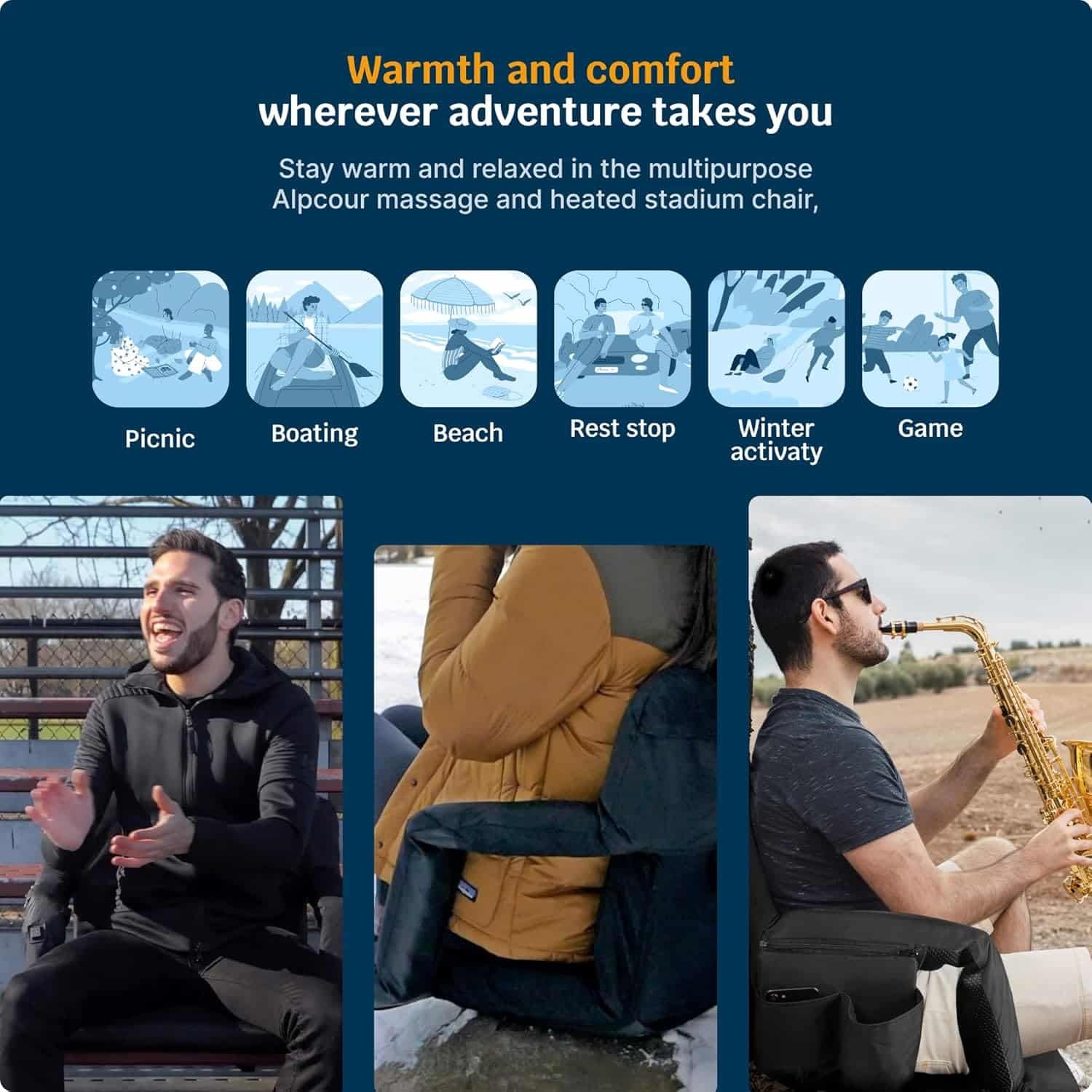 Alpcour Heating Massage Stadium Seat – Deluxe Reclining Bleacher Chair with Back  Arm Support – Built-in Heater and Massager - Extra Thick, Lightweight and Waterproof with Detachable Pockets
