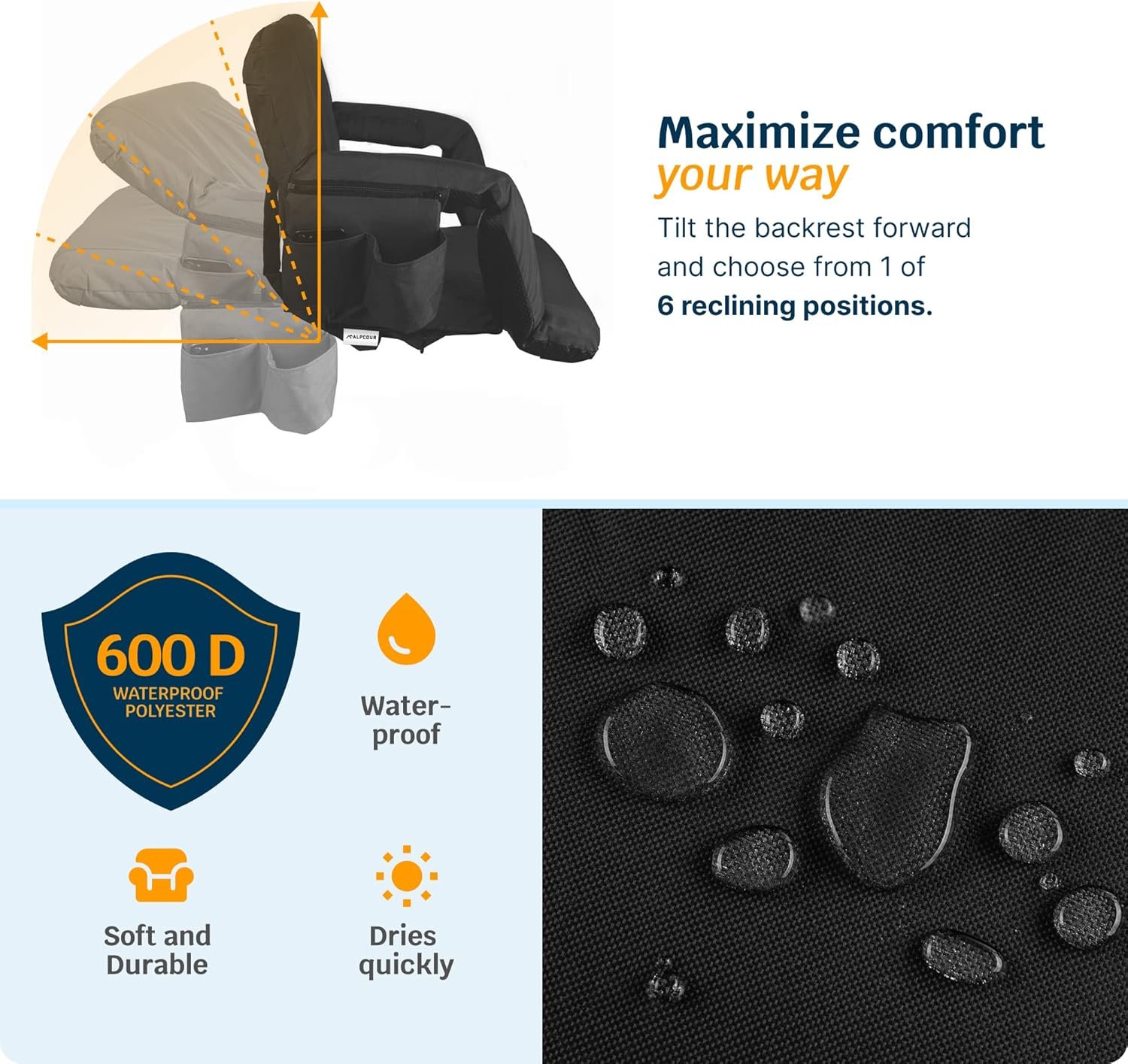 Alpcour Heating Massage Stadium Seat – Deluxe Reclining Bleacher Chair with Back  Arm Support – Built-in Heater and Massager - Extra Thick, Lightweight and Waterproof with Detachable Pockets