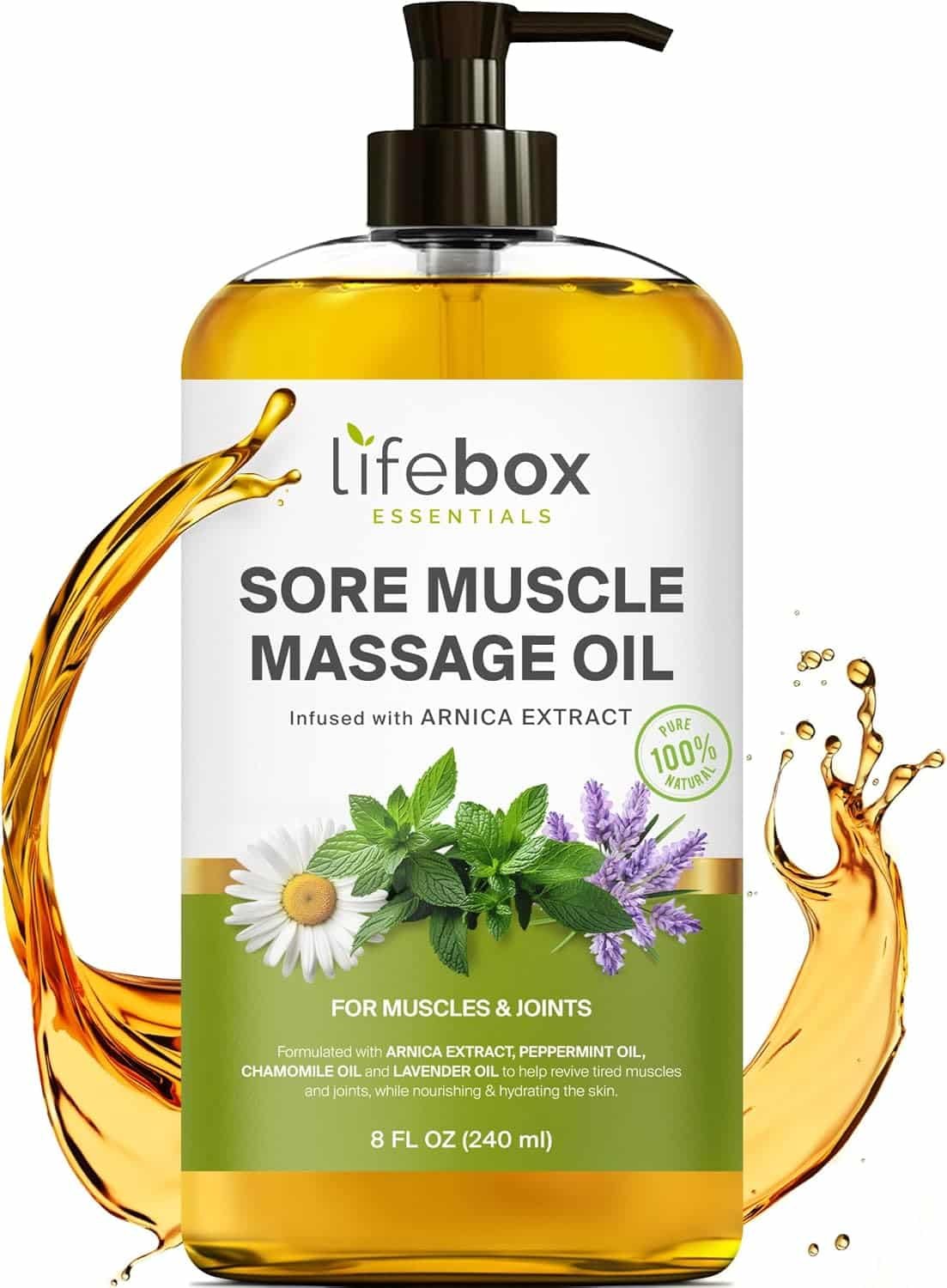Arnica Sore Muscle Massage Oil – 100% Pure  Natural - Massage Therapy for Muscles  Joints – Body Oil Infused with Arnica Extract, Lavender Oil, Peppermint Oil  Chamomile Oil – 8 FL OZ
