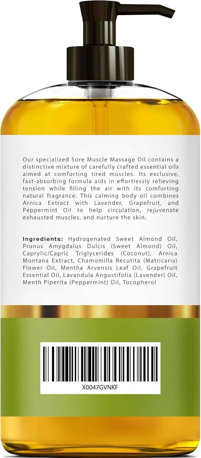Arnica Sore Muscle Massage Oil – 100% Pure  Natural - Massage Therapy for Muscles  Joints – Body Oil Infused with Arnica Extract, Lavender Oil, Peppermint Oil  Chamomile Oil – 8 FL OZ