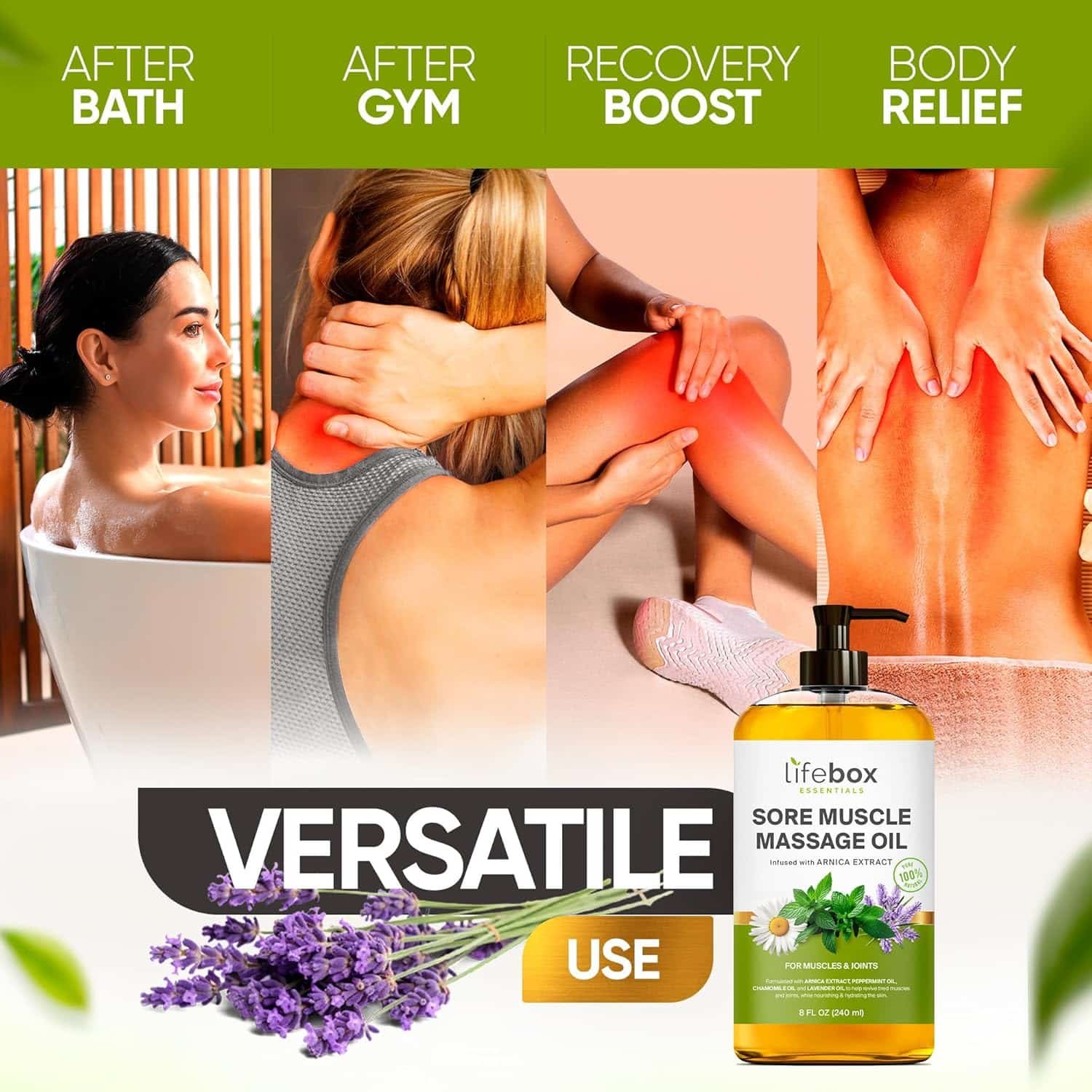 Arnica Sore Muscle Massage Oil – 100% Pure  Natural - Massage Therapy for Muscles  Joints – Body Oil Infused with Arnica Extract, Lavender Oil, Peppermint Oil  Chamomile Oil – 8 FL OZ